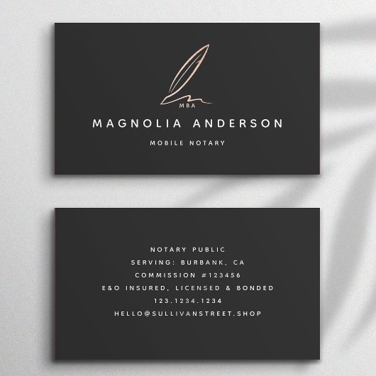 Notar Public Signing Agent Rose Gold Foil Quill Visitenkarte