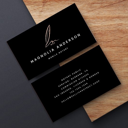 Notar Public Signing Agent Rose Gold Foil Quill Visitenkarte
