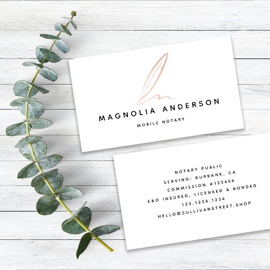 Notar Public Signing Agent Rose Gold Foil Quill Visitenkarte