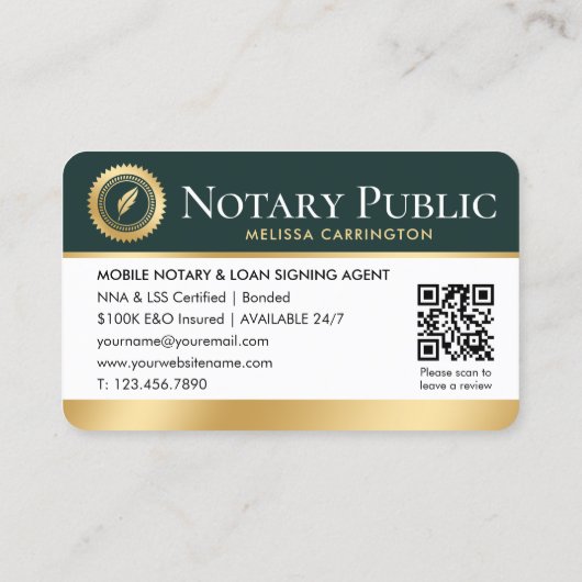 Notar Public Vielen Dank Foto QR Code Green Gold Visitenkarte (Rückseite)