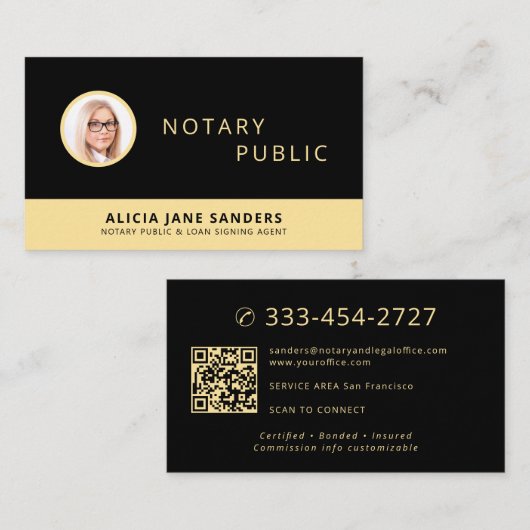Notar-QR-Code-Foto professionell Schwarz Gold Visitenkarte (Vorne/Hinten)