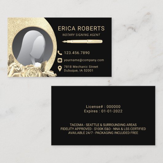 Notar Signatur Agent Black & Gold Floral Foto Visitenkarte (Vorne/Hinten)