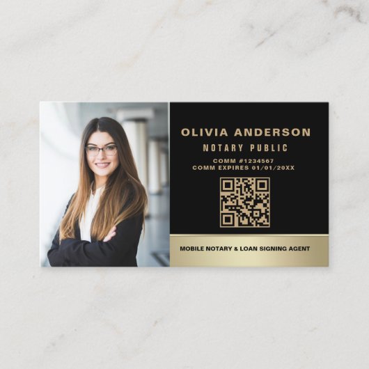Notar Signatur Agent QR Code Foto Black & Gold Visitenkarte (Vorderseite)
