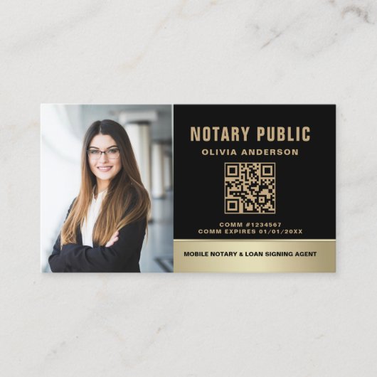 Notar Signatur Agent QR Code Foto Black & Gold Visitenkarte (Vorderseite)