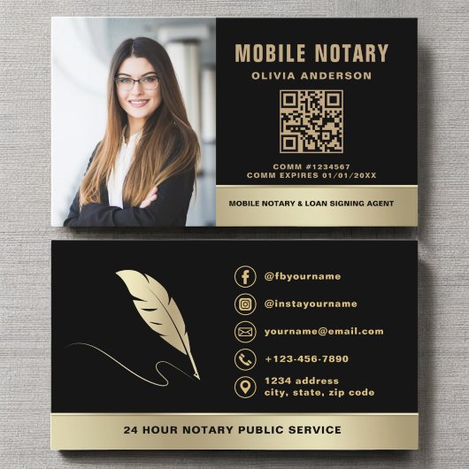 Notar Signatur Agent QR Code Foto Black & Gold Visitenkarte