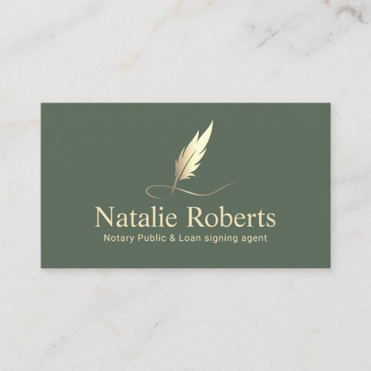 Notar Signatur Agent Sage Green & Gold Quill Logo Visitenkarte (Vorderseite)