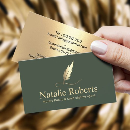 Notar Signatur Agent Sage Green & Gold Quill Logo Visitenkarte