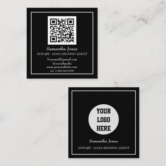 Notar Signature Agent QR Code Scannable Black Quadratische Visitenkarte (Vorne/Hinten)