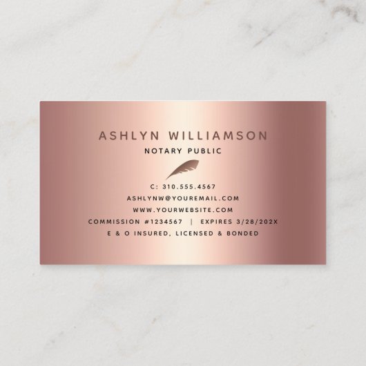 Notar Signieren Agent Copper PInk Glitzer Script Visitenkarte (Rückseite)