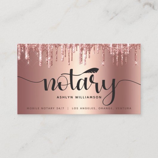 Notar Signieren Agent Copper PInk Glitzer Script Visitenkarte (Vorderseite)