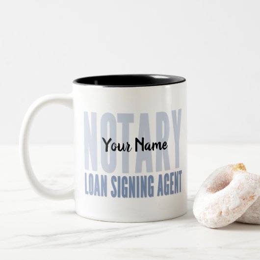 Notar Signing Agent Blue Schriftart individuell an Zweifarbige Tasse (Mit Donut)