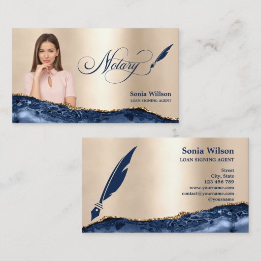 Notar Signing Agent Moderne Marine Blue Agate Visitenkarte (Vorne/Hinten)