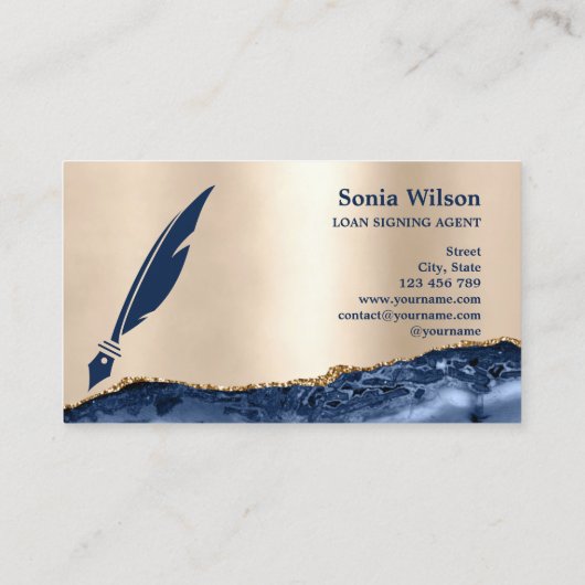 Notar Signing Agent Moderne Marine Blue Agate Visitenkarte (Rückseite)