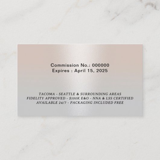 Notar Signing Agent Modernes Silver Foto Visitenkarte (Rückseite)