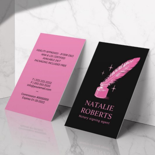 Notar Signing Agent Quill Modern Black Pink Visitenkarte