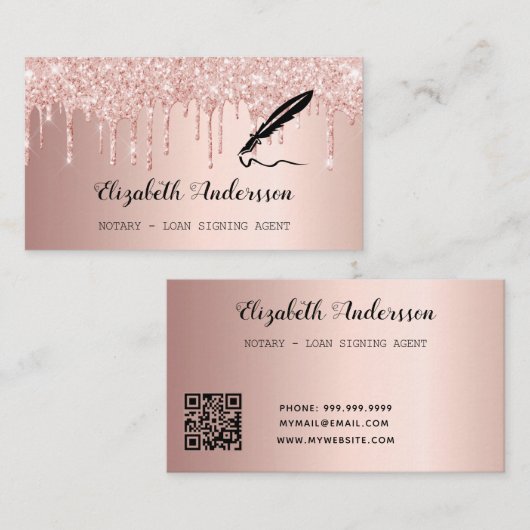 Notar Unterzeichnung Agent Rose Gold Glitzer QR Visitenkarte (Vorne/Hinten)