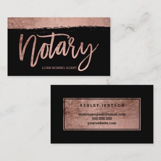 Notarbürsten-Rosengoldtypographieschwarzes Visitenkarte (Vorne/Hinten)