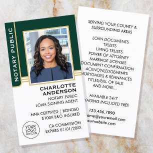 Notare Public Loan Signing Agent ID Green Gold Visitenkarte