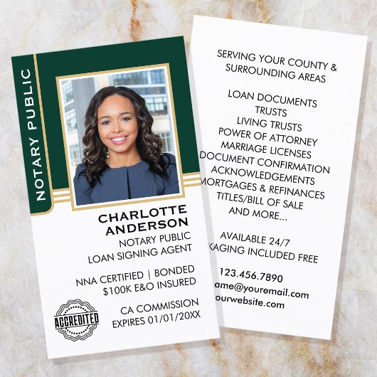 Notare Public Loan Signing Agent ID Green Gold Visitenkarte