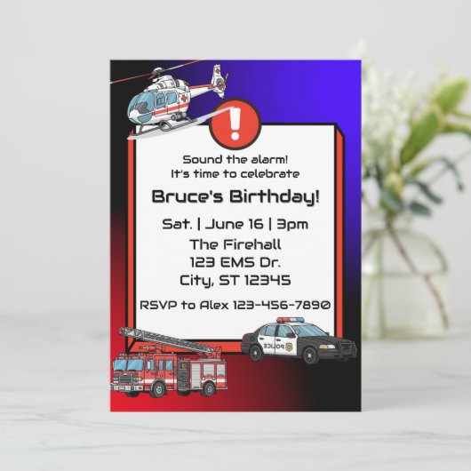 Notarfahrzeuge zum Geburtstag Einladung (Stehend Vorderseite)