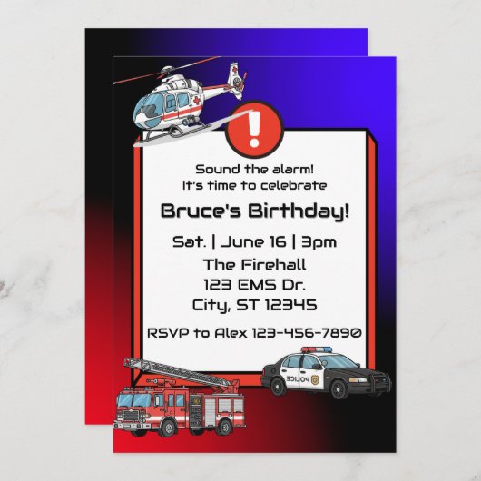 Notarfahrzeuge zum Geburtstag Einladung (Vorne/Hinten)