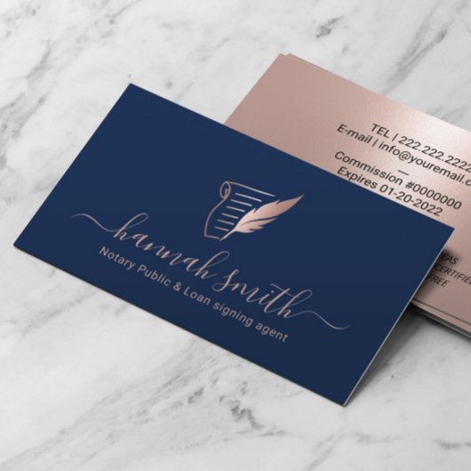 Notarkredit Signieren Agent Rose Gold Quill Navy Visitenkarte