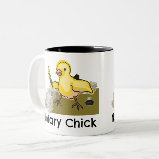 Notary Chick Yellow Feather Quill and Documents Zweifarbige Tasse (Vorderseite Links)