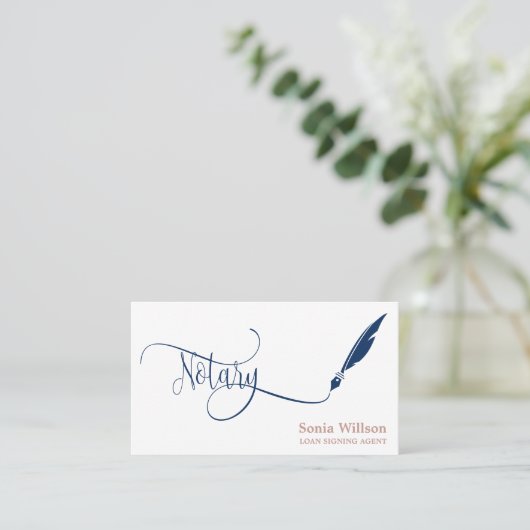 Notary elegary blue marvy typography feather pen visitenkarte (Stehend Vorderseite)