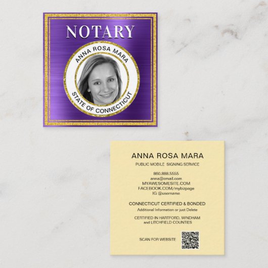 *~* NOTARY FOTO METAL LILA Signage Agent Squar Quadratische Visitenkarte (Vorne/Hinten)