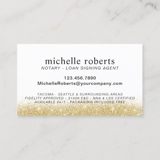Notary Loan Signing Agent Moderner Gold Glitzer Visitenkarte (Rückseite)