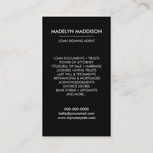 Notary Loan Signing Agent Modernes Schwarzes Foto Visitenkarte (Rückseite)