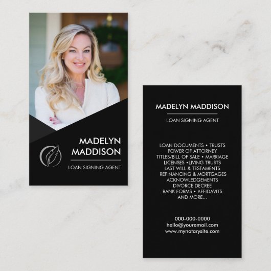 Notary Loan Signing Agent Modernes Schwarzes Foto Visitenkarte (Vorne/Hinten)