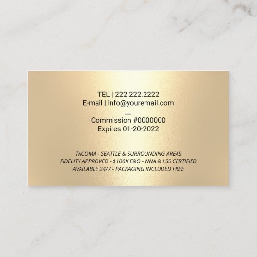 Notary Loan Signing Agent Quill Logo Black & Gold Visitenkarte (Rückseite)