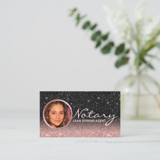 Notary Loan Signing Agent Rose Gold & Black Foto Visitenkarte (Stehend Vorderseite)