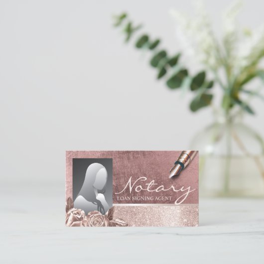 Notary Loan Signing Agent Rose Gold Floral Foto Visitenkarte (Stehend Vorderseite)