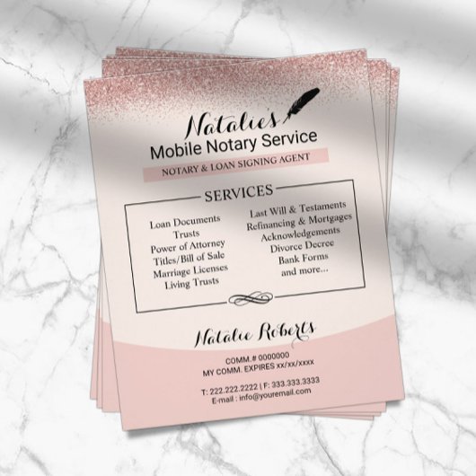 Notary Loan Signing Agent Rose Gold Glitzer Flyer