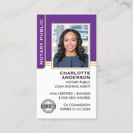 Notary Public Loan Signing Agent ID Purple Gold Visitenkarte (Vorderseite)