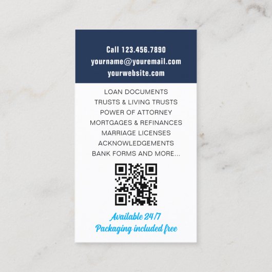 Notary Public Loan Signing Agent Photo ID Navy Visitenkarte (Rückseite)