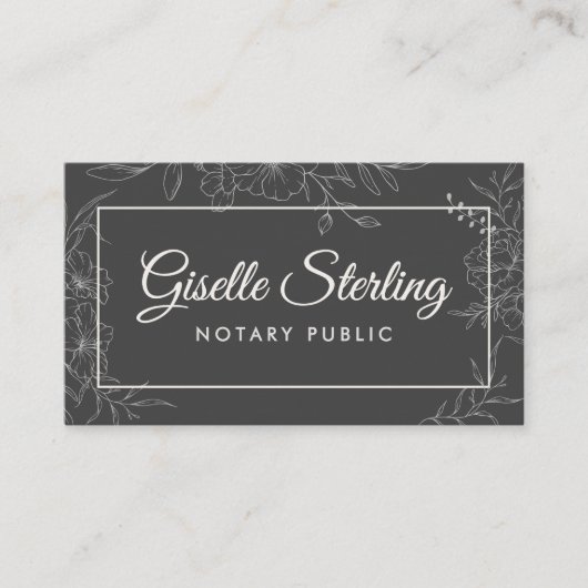 Notary Public Moody Charcoal Gray Floral Script Visitenkarte (Vorderseite)