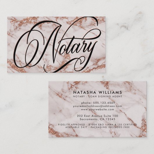 Notary Rose Gold Marble Typografy Visitenkarte (Vorne/Hinten)