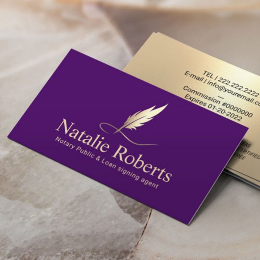 Notary Signage Agent Lila & Gold Quill Logo Visitenkarte