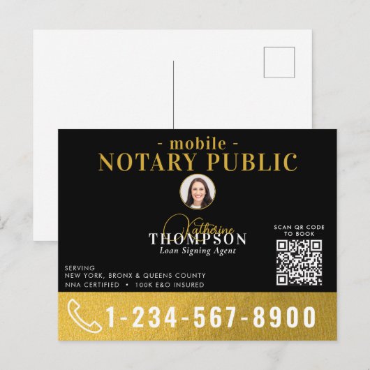Notary Signing Agent Black Gold Photo QR Code Postkarte (Vorne/Hinten)