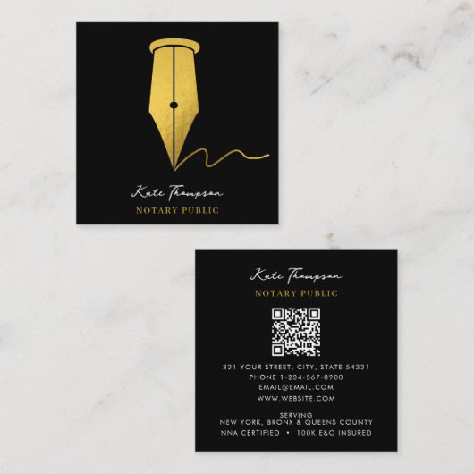 Notary Signing Agent Calligraphy QR Code Gold Quadratische Visitenkarte (Vorne/Hinten)