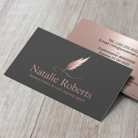 Notary Signing Agent Elegante Rose Gold Quill Logo Visitenkarte