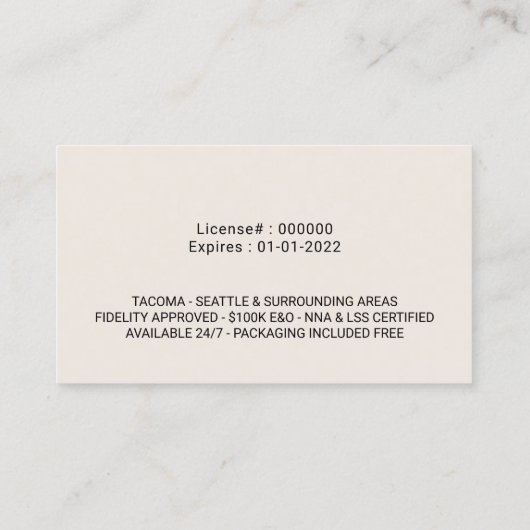 Notary Signing Agent Elegantes Elfenbeingoldenes F Visitenkarte (Rückseite)