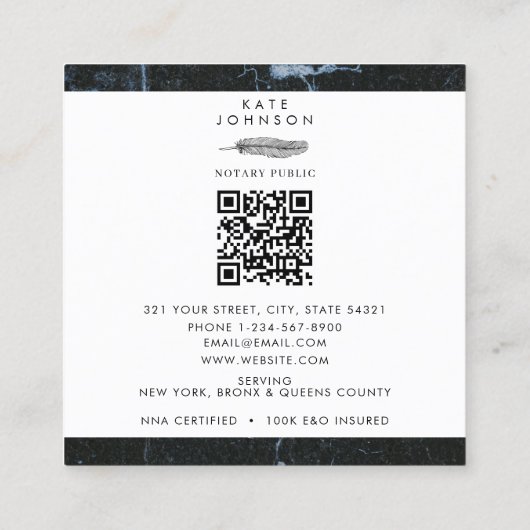 Notary Signing Agent Feather Marble Quill Logo Quadratische Visitenkarte (Rückseite)