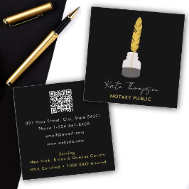 Notary Signing Agent Feather Quill Pen Black Gold Quadratische Visitenkarte