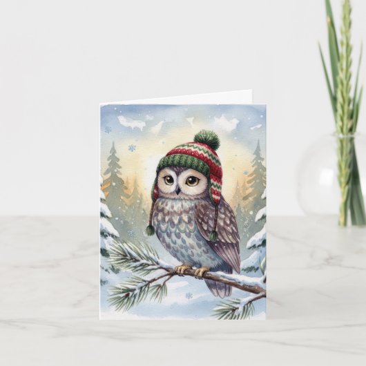 Note Card Watercolor Owl In Winter Hat Karte (Vorderseite)