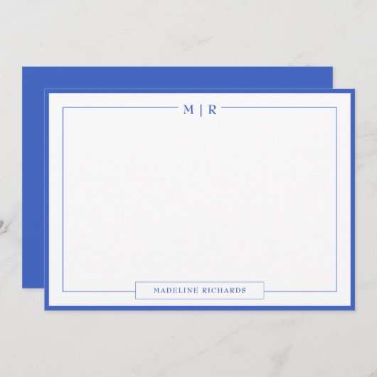 Note: Classic Monogram Royal Blue Border Stationer Mitteilungskarte (Vorne/Hinten)