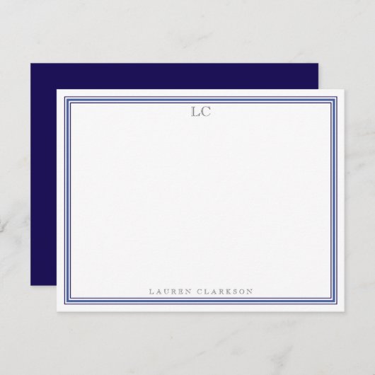 Note: Eleganic Navy Blue Border Monogram Stationer Einladung (Vorne/Hinten)
